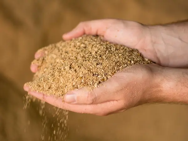 Mann hält Hand voll grob gemahlene Backwaren